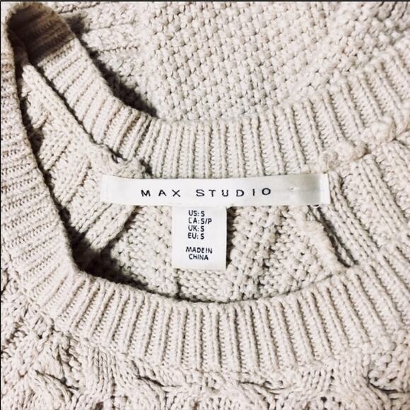 MAX STUDIO Tan Cream Beige Chunky Cable Knit Crew Curve Hem Pullover Sweater S - Picture 7 of 8